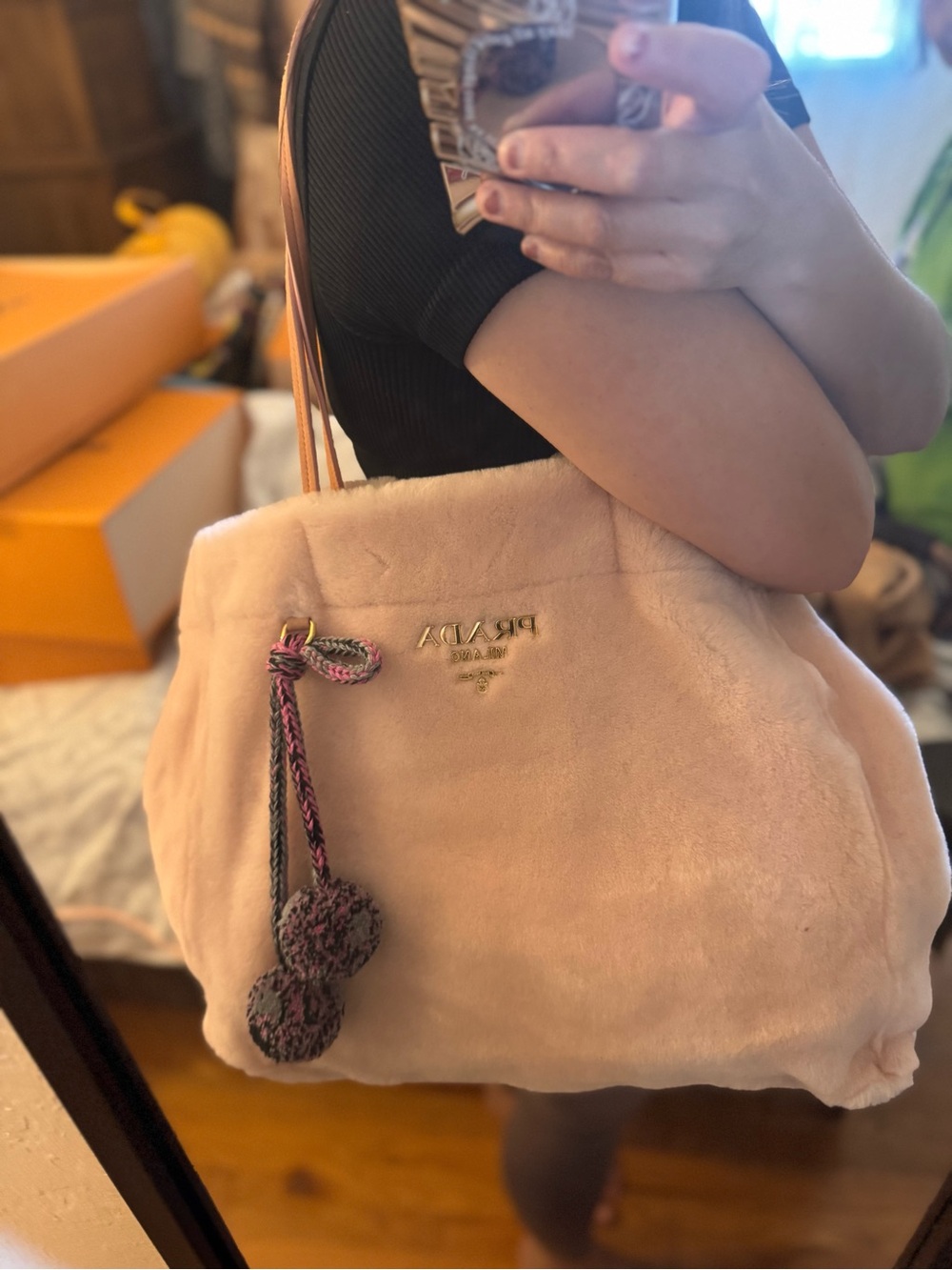 Prada Blush Pink Faux-Fur Tote with Pom Tassels
